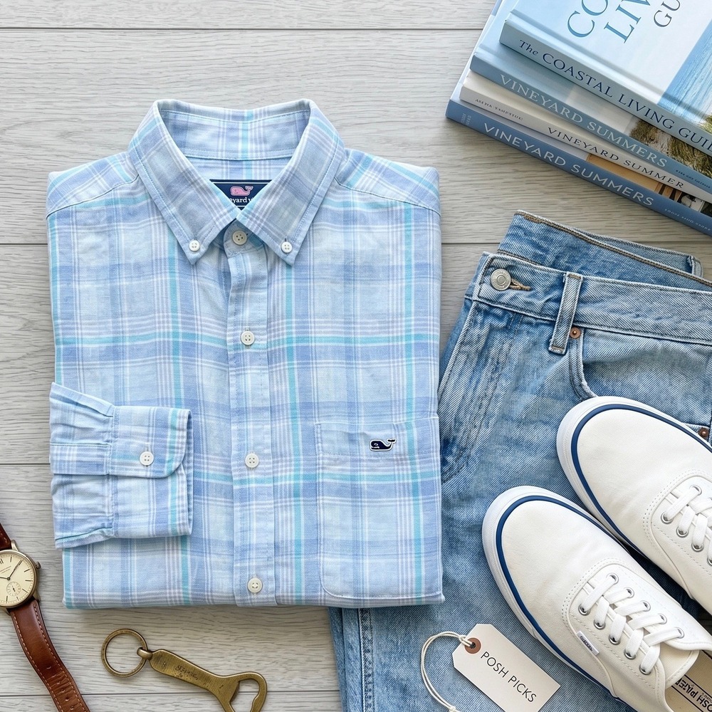 Vineyard Vines 100% Linen Tucker Shirt Mens Medium Blue Plaid Classic Fit LS